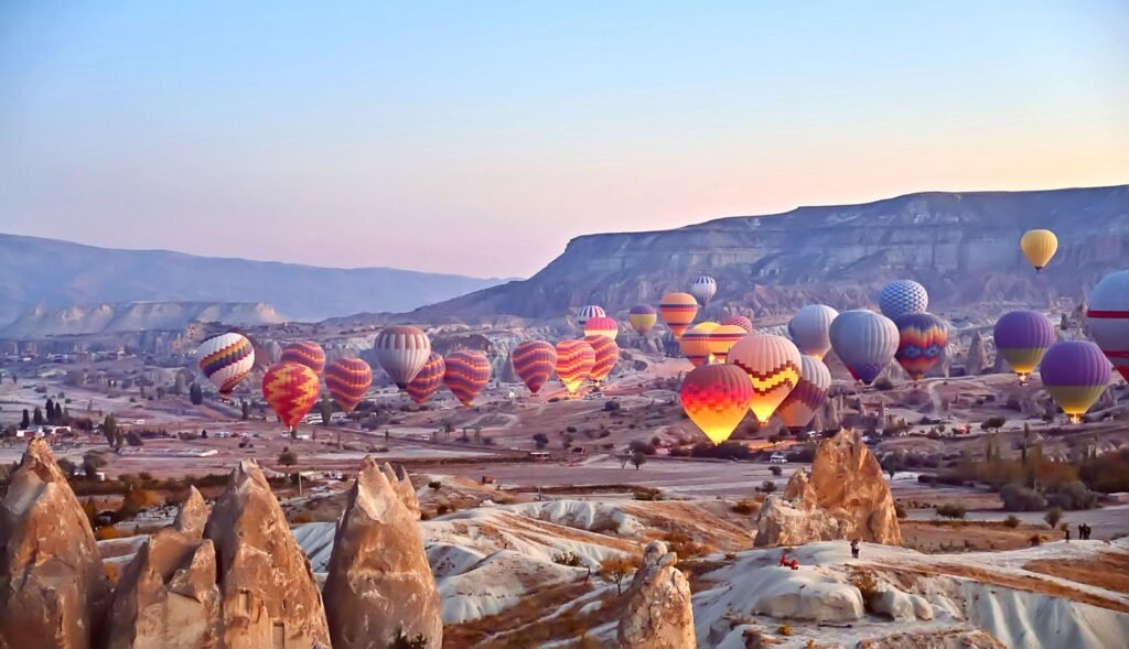 Panoramic landscape hot air balloons in Cappadocia, Turkey