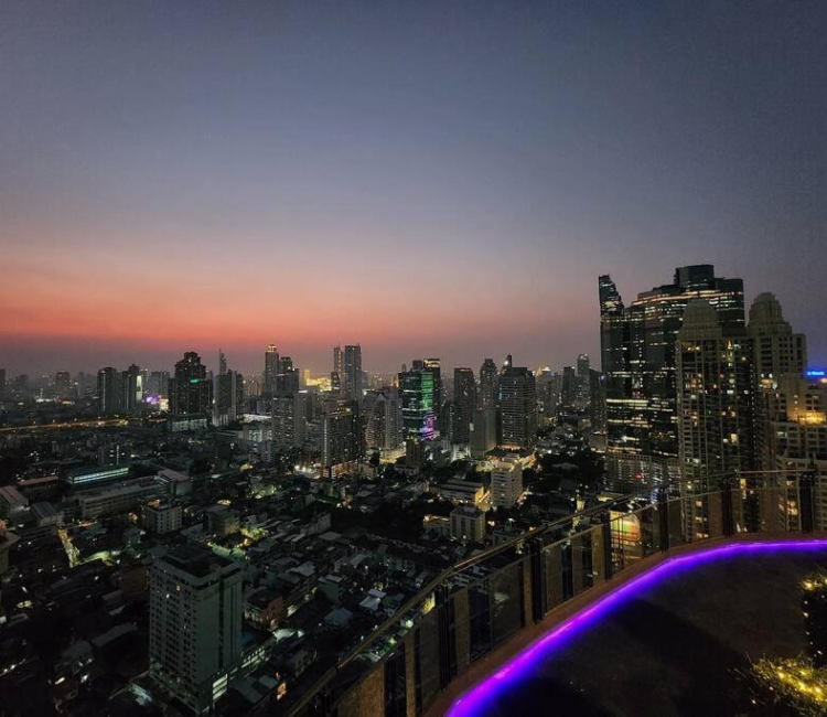 Bangkok skyline night rooftop view Chao Phraya river