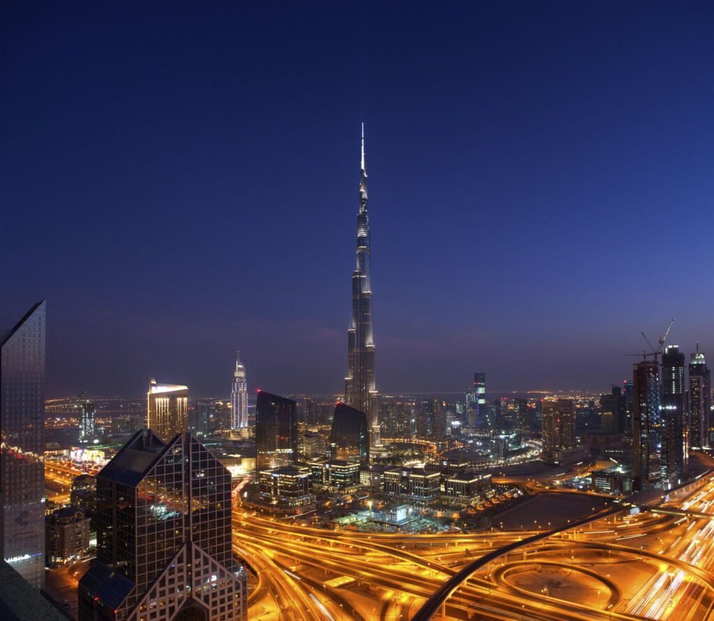 Downtown Dubai at night showing the Burj Khalifa and Fountain
