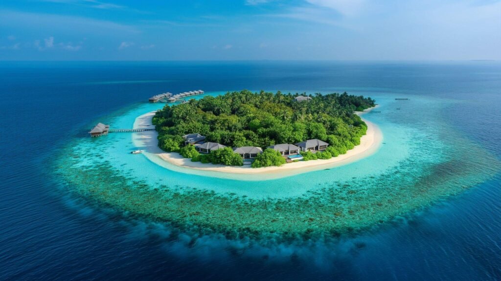 Aerial view of tropical island resort in the Maldives