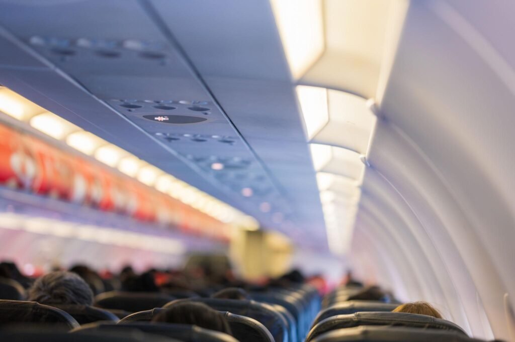 Low cost plane flight from inside passenger seat low-cost airline
