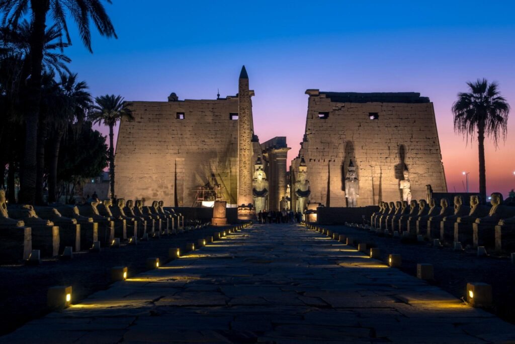 Front view of Luxor temple after sunset in Egypt