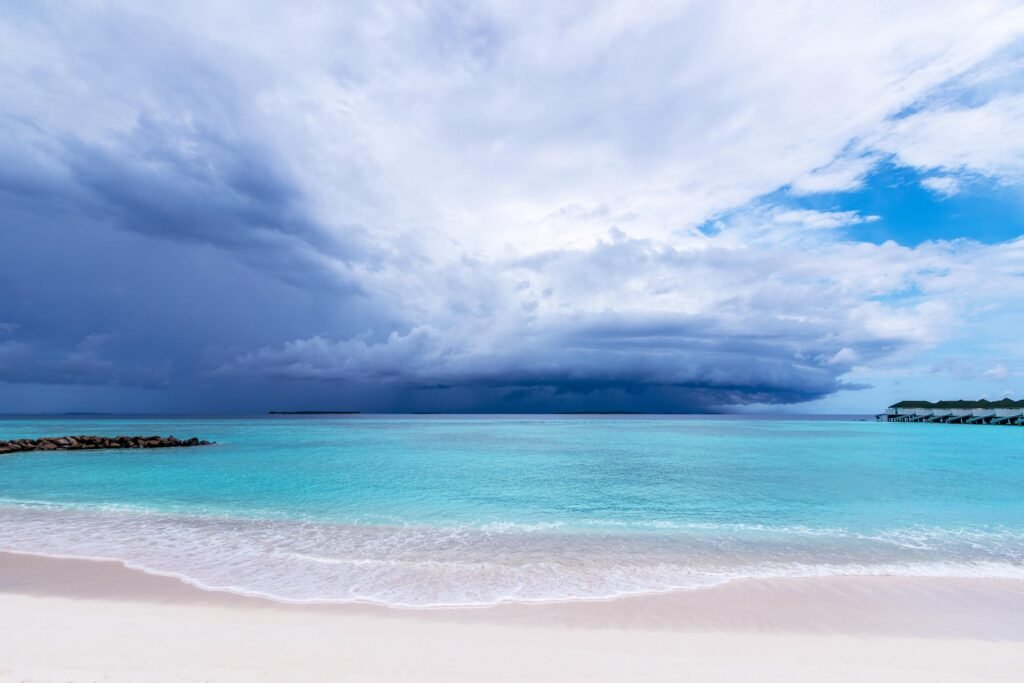 View of the beach during monsoon season in the Maldives