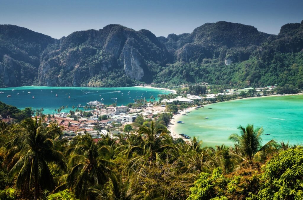 travel vacation background - Tropical island with resorts - Phi-Phi island, Krabi Province, Thailand