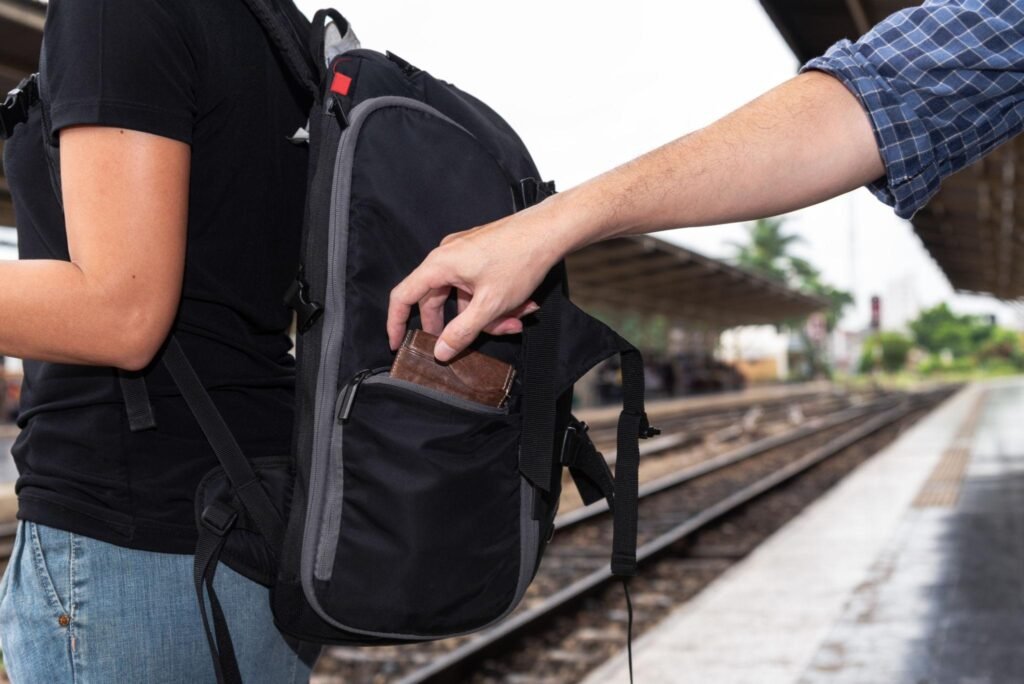 The concept of being careful during travel : Thief was stolen wallet of Asian woman tourists