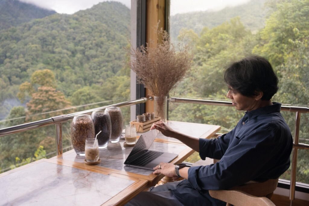 digital nomad concept asian freelancer man use laptop to work at mountain view of coffeeshop