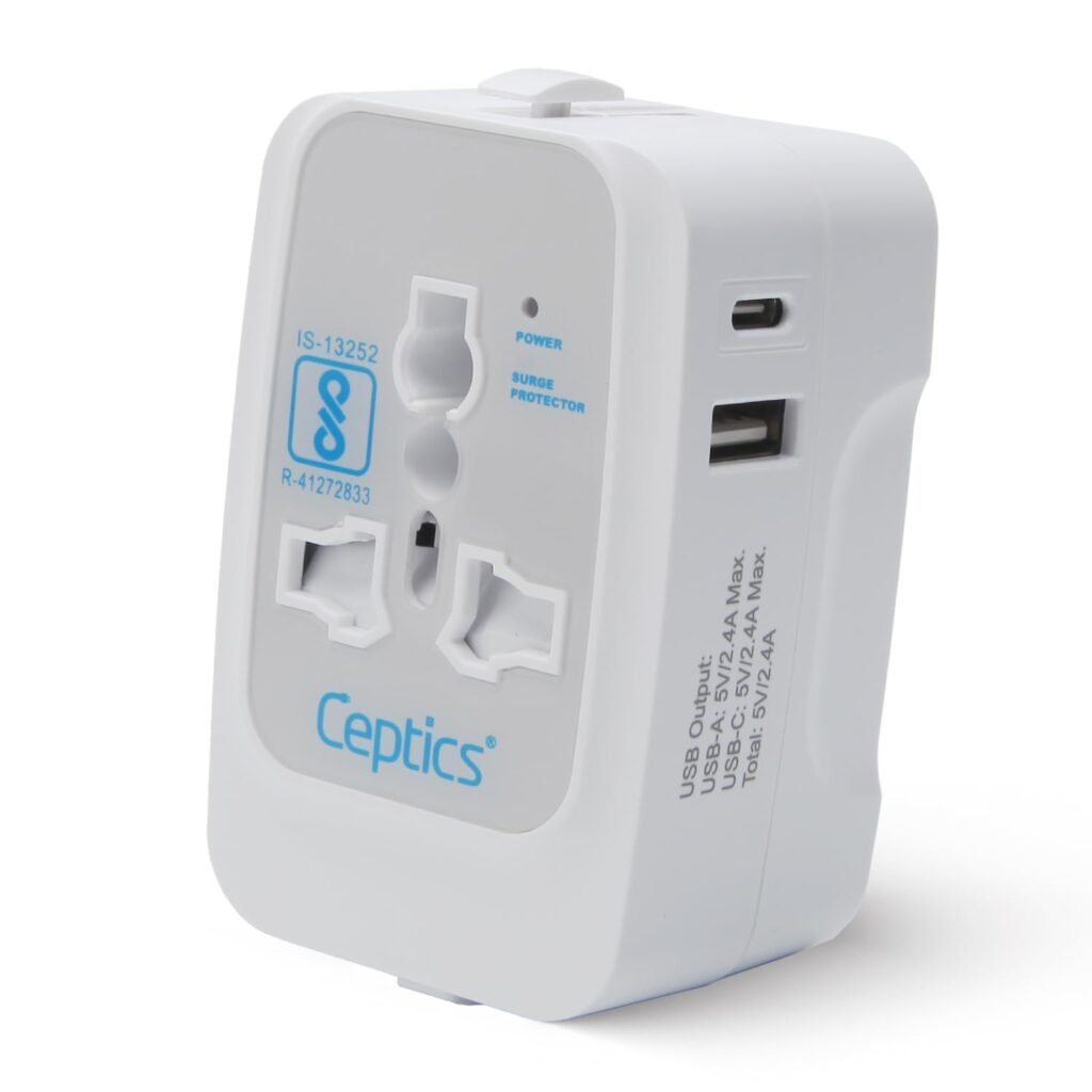 Ceptics Universal Travel Adapter with Type C, 3 in 1 Universal Adapter Plug, Travel Accessories with 1 USB, 1 USB-C with 2.4A