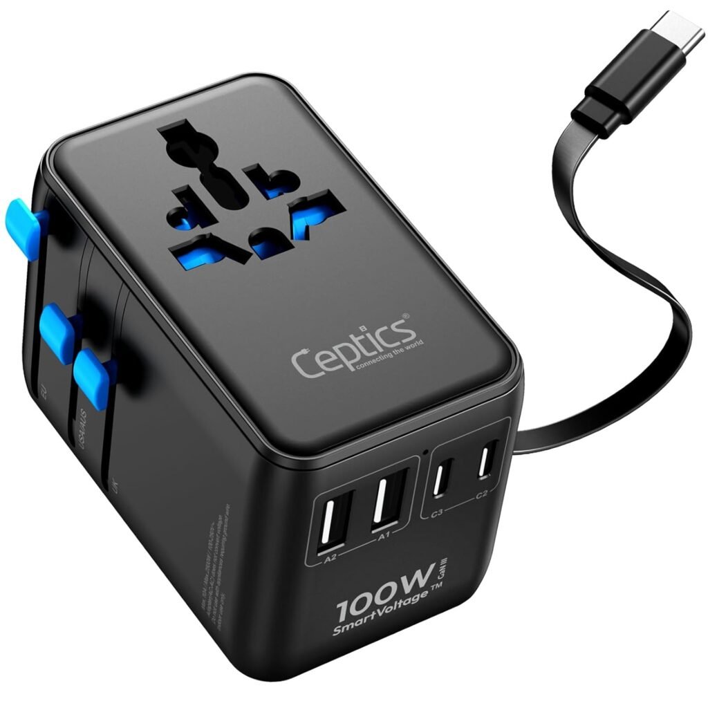 Ceptics 7 in 1 Universal Travel Adapter with 100W Retractable USB-C Cable, Universal and Japan Socket Input