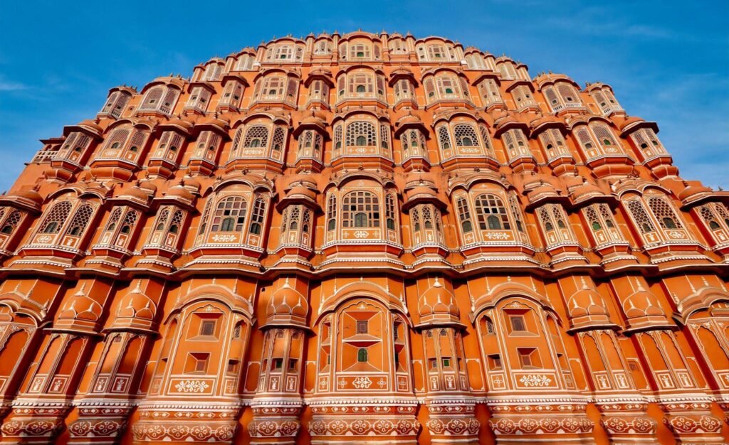 Street view of the historic Hawa Mahal, or Palace of the Winds, in Jaipur, India, built in 1799.