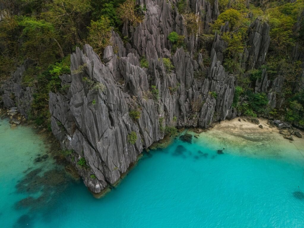 Aerial view of idyllic lagoons and turquoise sea in El Nido, Philippines