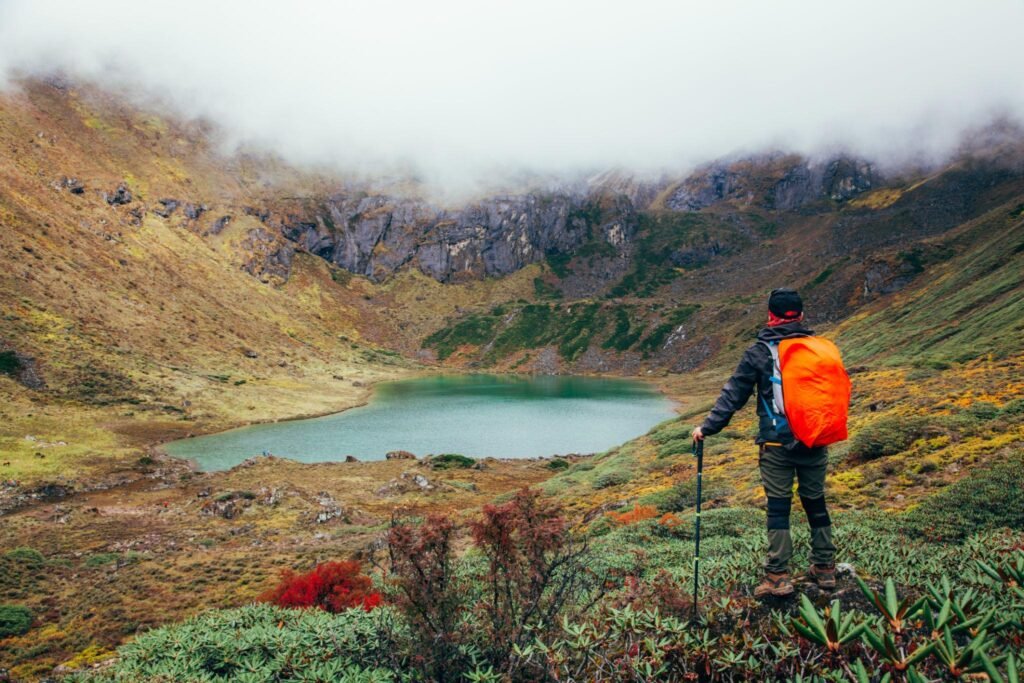 tourist hiking on mountains of Himalayas