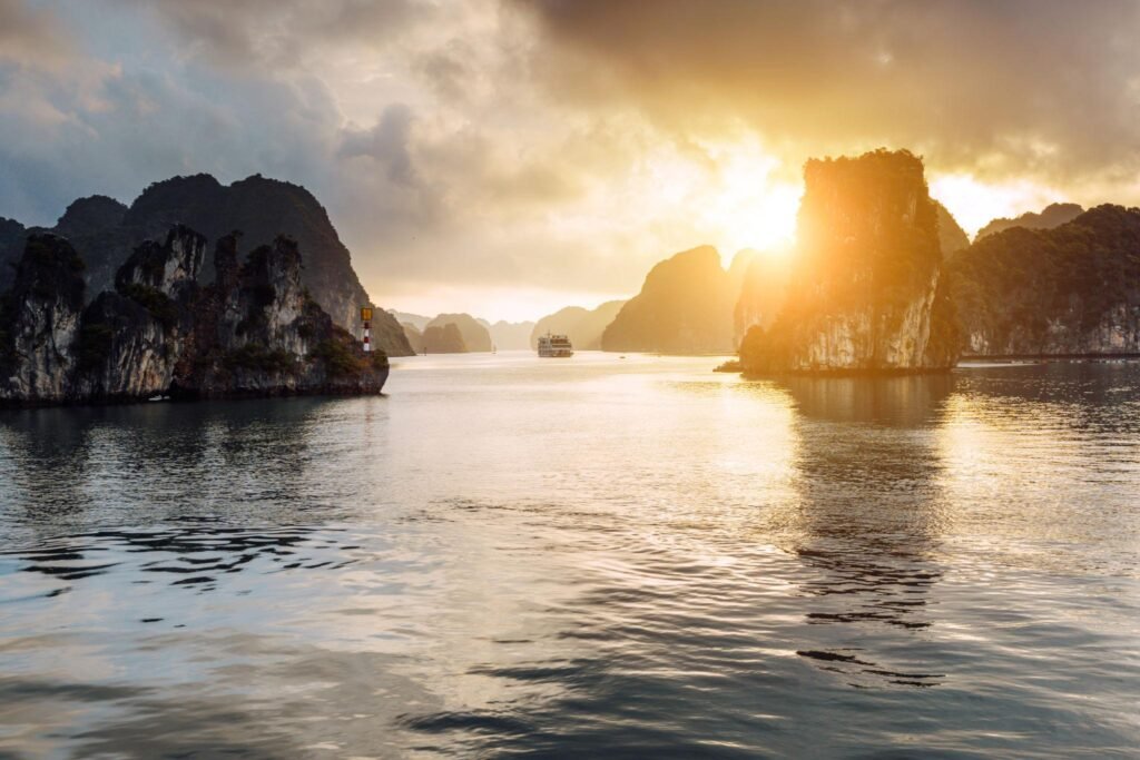 Scenic Sunset View Over the Limestone Karsts of Halong Bay
