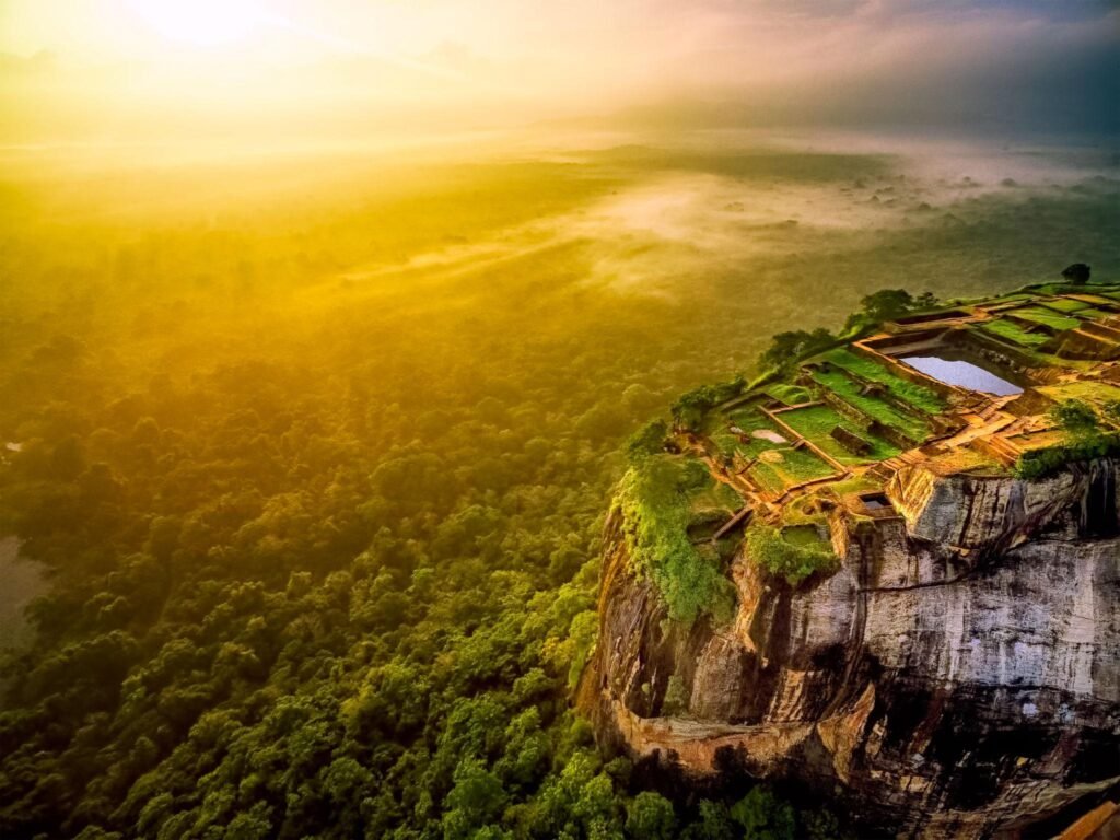 Aerial view of Sigiriya Lion's Rock, Sigiriya or Sinhagiri Lion Rock ancient rock fortress near Dambulla in Sri Lanka, Sigiriya Lion Rock Fortress, UNESCO world heritage site, Ceylon Island, Landscape