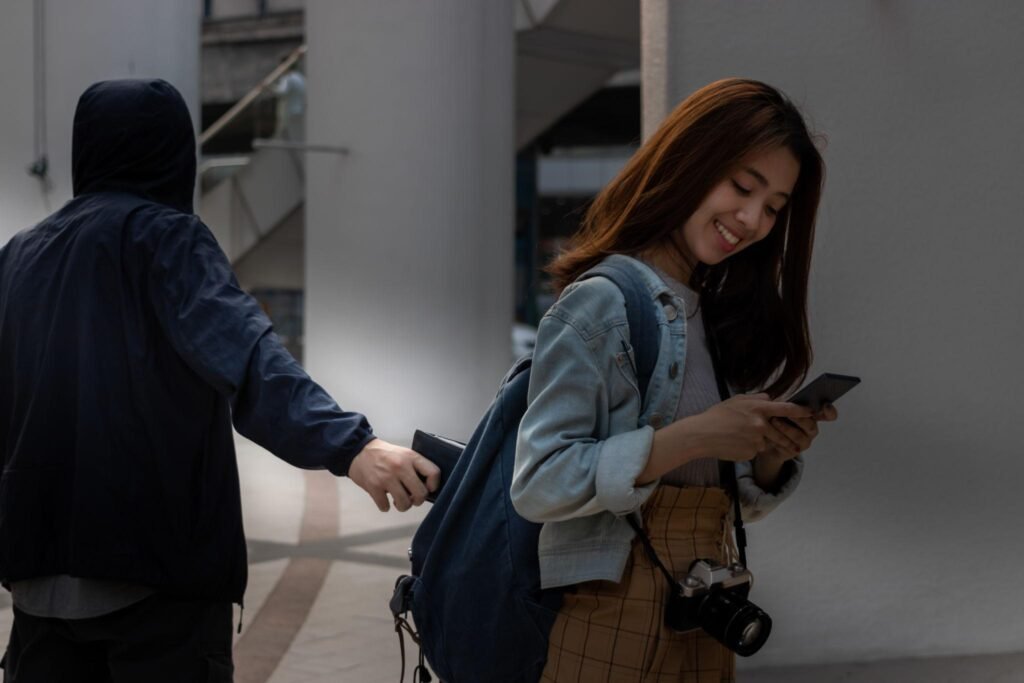 Selective focus on hands of pickpocket thief stealing wallet from backpack of tourist girl