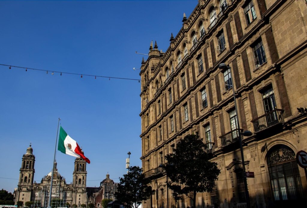 Historical National Palace of Mexico City, Zocalo Constitution Square and the Metropolitan Cathedral in Mexico city.