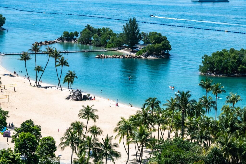 Scenic aerial view of a tropical beach with palm trees, clear blue water, and people enjoying the sun.