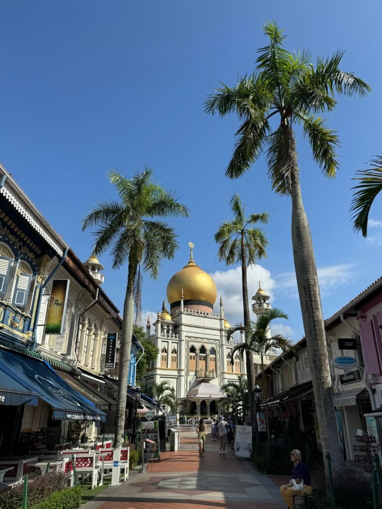 A stunning view of Sultan Mosque with palm trees in Singapore, perfect travel spot.