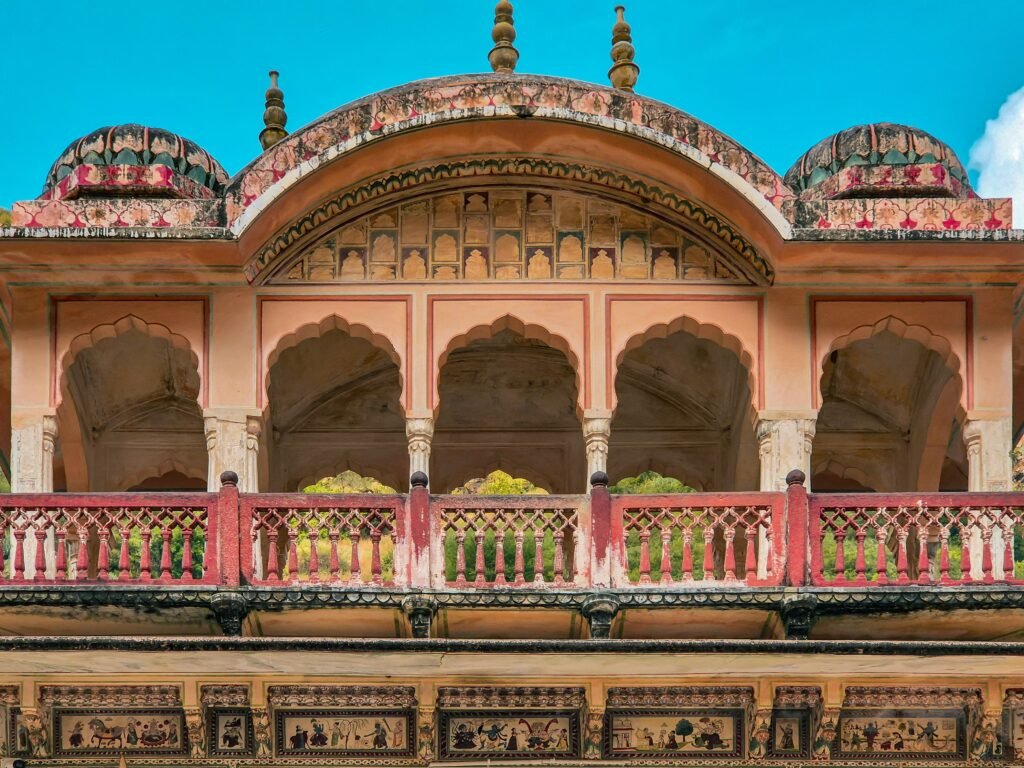 Ornate facade with arches and intricate design in Jaipur, India.