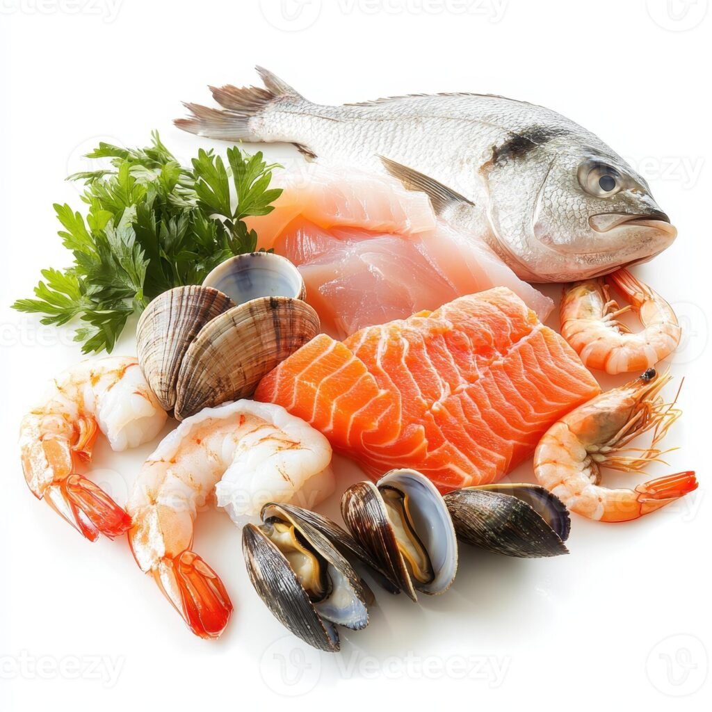 a-selection-of-fresh-seafood-including-fish-shrimp-and-clams-garnished-with-parsley-photo