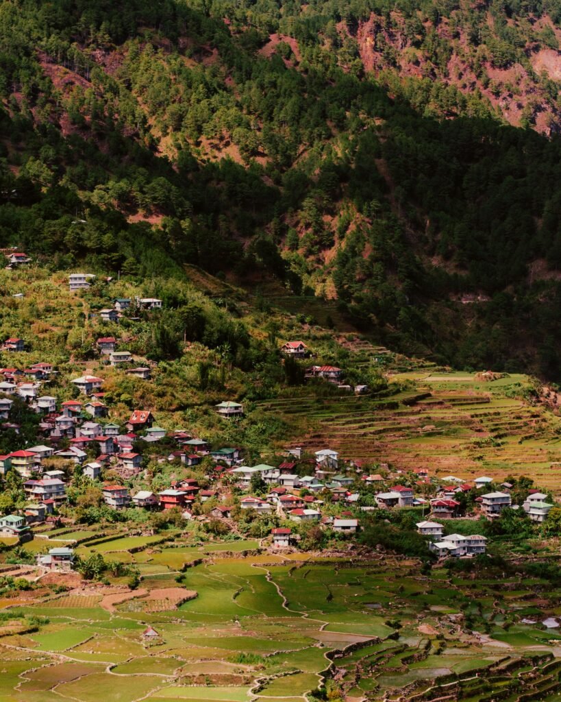 Scenic aerial view of a mountain village with terraced rice fields, surrounded by lush greenery.