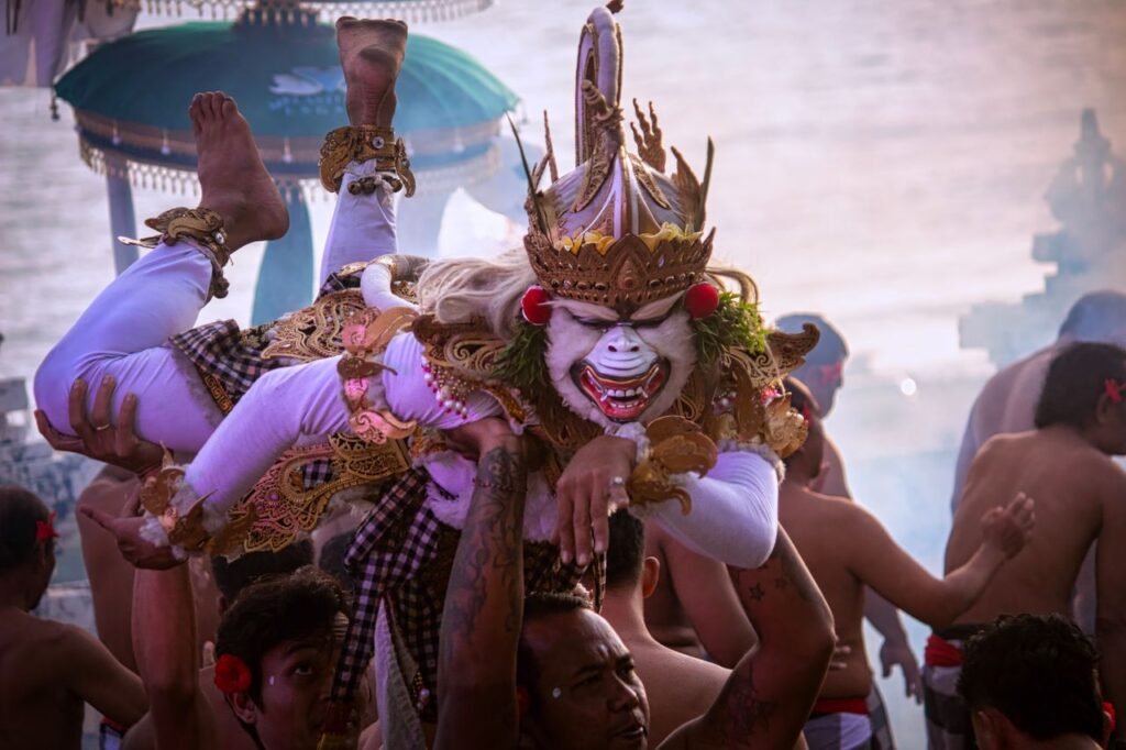 Dramatic portrayal of a Kecak dance in Bali with traditional costumes and dynamic movements.