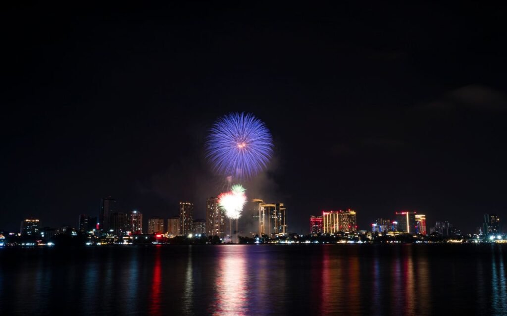 Colorful fireworks illuminating the night sky over a city skyline reflecting in the water.