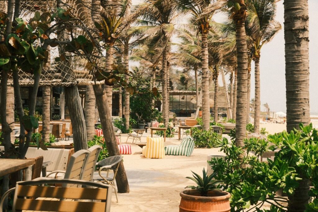 Peaceful beachfront scene in Phan Thiet, Vietnam with chairs and palm trees.