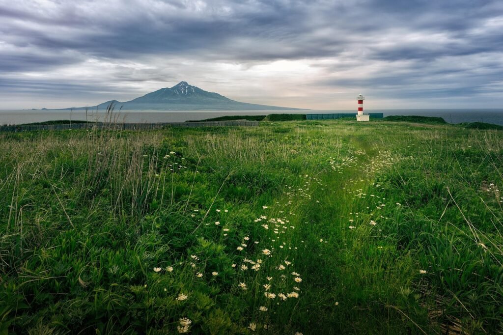 lighthouse, rishiri island, rishirifuji, rebun island, cloudy sky, hokkaido, nature background, japan, landscape, hd wallpapers, beautiful nature, hd wallpaper, nature wallpaper