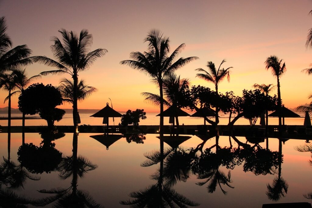 bali, palm trees, sunset, travel, hd wallpaper, indonesia, swimming pool, vacations, nature, nature background, beach, beautiful nature, nature wallpaper, 4k wallpaper, destination