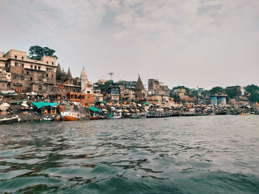 A vibrant view of the ghats in Varanasi, India along the Ganges River.