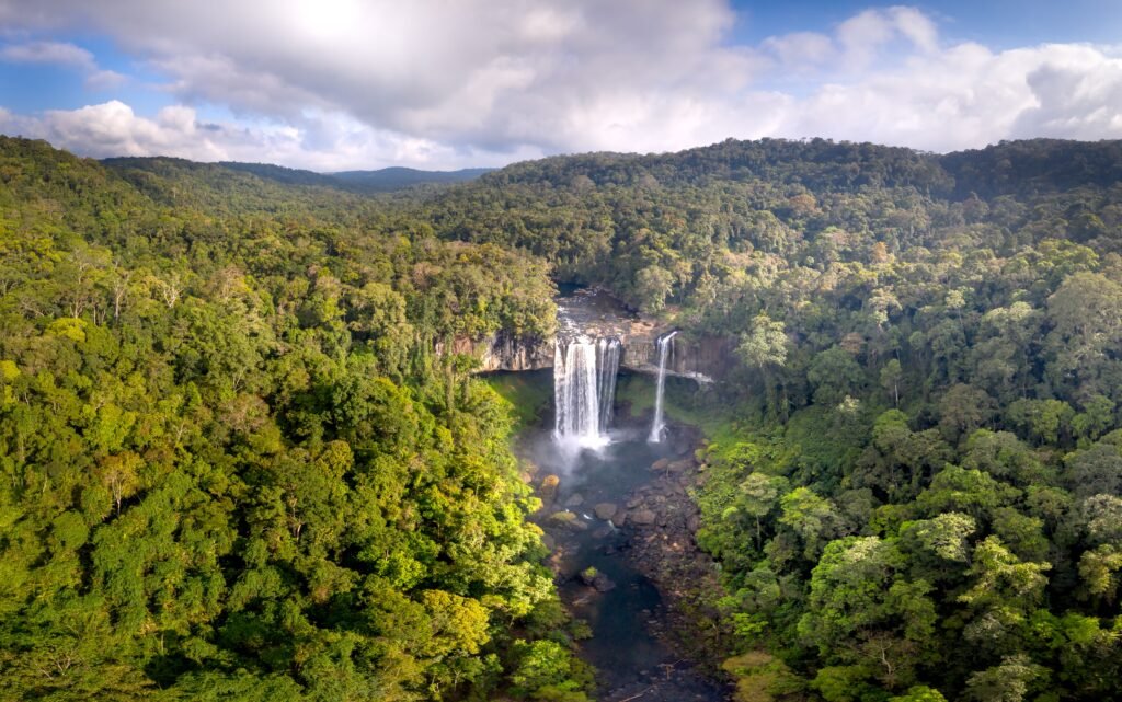 A breathtaking aerial view of a waterfall cascading in a lush tropical forest.