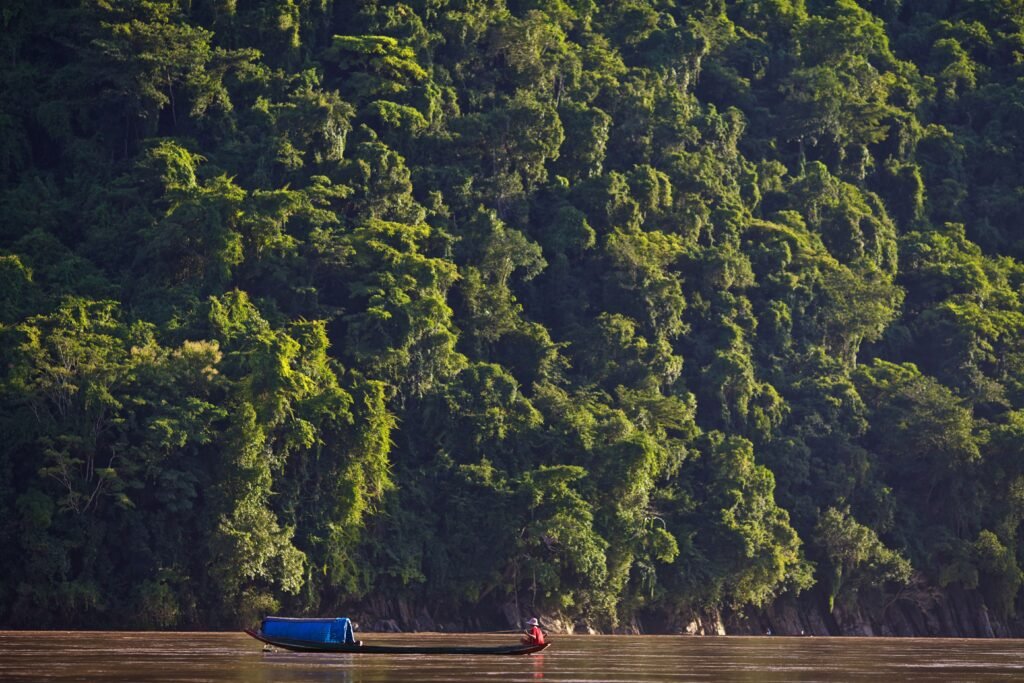 A fishing boat glides along the Mekong River with lush rainforest in the background.