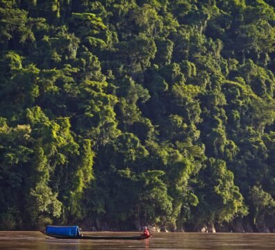 A fishing boat glides along the Mekong River with lush rainforest in the background.