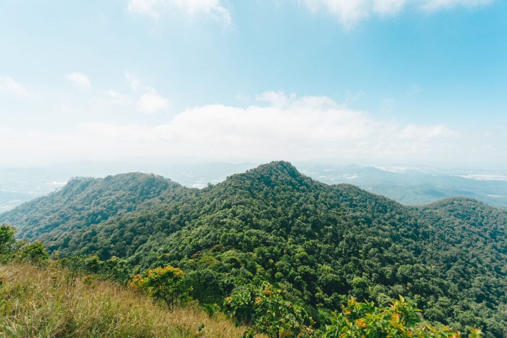Beautiful view of lush green Lang Biang mountains under a clear blue sky.