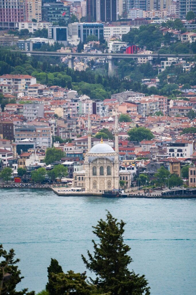 Aerial view of Istanbul showcasing the Ortaköy Mosque and Bosphorus backdrop.