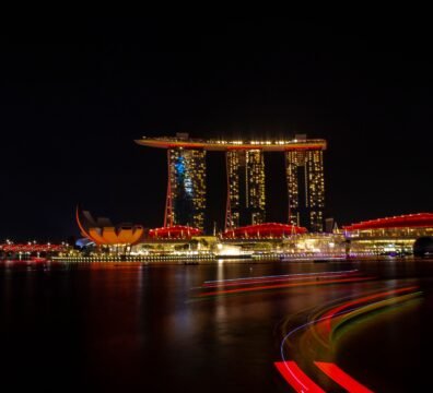 Stunning night view of the iconic Marina Bay Sands Resort in Singapore, beautifully illuminated.